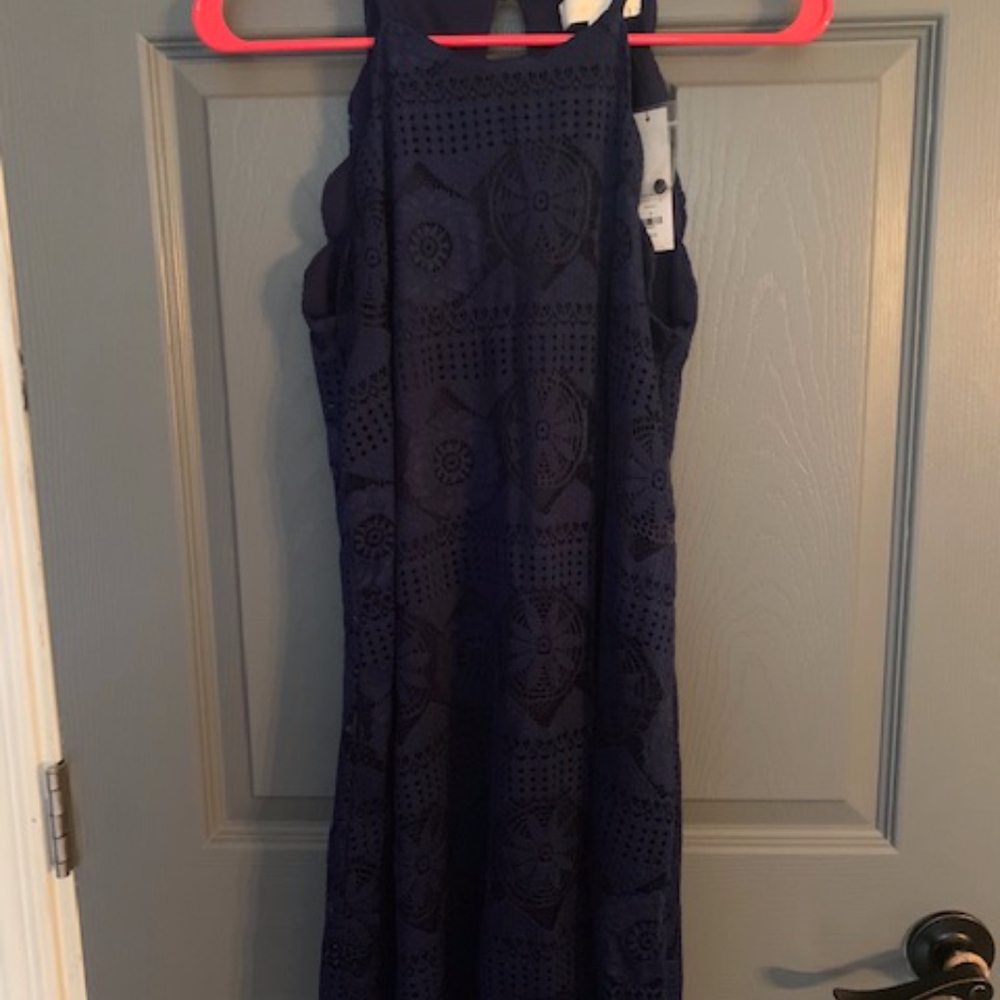 Francesca’s Navy High-Neck Lace Shift Dress